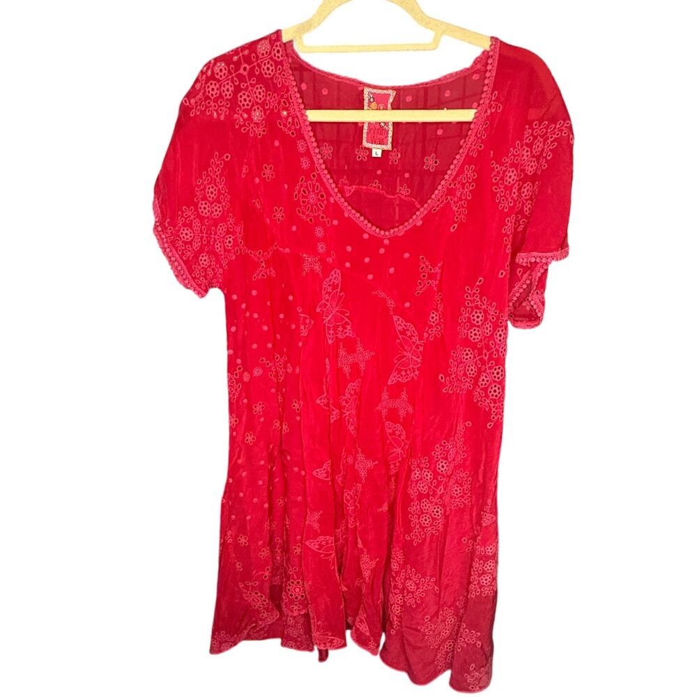 Johnny Was Bright Pink Butterfly Lace Tunic Top Women Size L